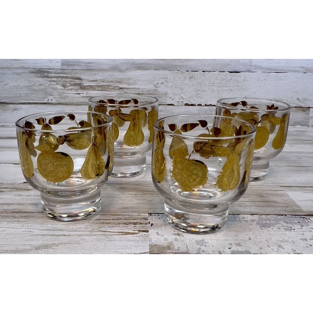 Set of 4 Vtg Culver Ltd Florentine Footed Stackable Lowball 22k Gold Glasses